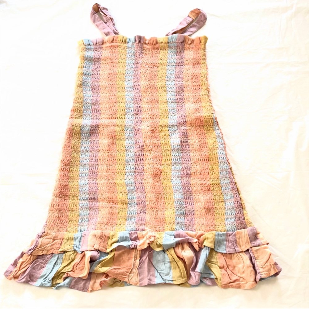 NWOT American Eagle Smocked Bodycon Rainbow Striped Ruffle Hem Dress SZ M